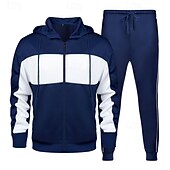 economico Tute da ginnastica-Per uomo Tuta da Ginnastica Pantaloni da Tuta Felpa con cappuccio e zip Tasca Blocco di colori Completo Abbigliamento Autunno Nero Blu marino scuro Palestra Allenamento Sportivo Antivento Manica Lunga