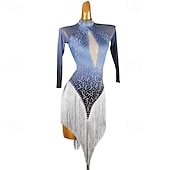 preiswerte Kleidung für lateinamerikanische Tänze-Lateinamerikanischer Tanz Kleid Quaste Spleißen Kristalle / Strasssteine Damen Leistung Training Langarm Chinlon Netzstoff Spandex