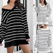 abordables Robes pull-Femmes Mini Robe Robe Pull Robe occidentale Mode Extérieur Soirée Fête Coupe régulière Rayé manche longue Col en V Noir Automne