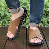 cheap Vacation Sandals-Men&#039;s Tan Faux Leather Slide Sandals Cross-Strap Open-Toe Design with Arch Support Great for Casual Summer Home and Street Style