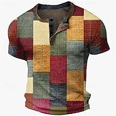 billiga Geometrisk-Herr Grafisk Färgblock Pläd / Rutig Waffle Henley Shirt Kortärmad 3D-tryck Mode Designer Grundläggande Utomhus Gata Dagligen Sommar Gul Blå Kaffe Grå Henley Henley T-shirt