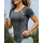 preiswerte Lauf-T-Shirts &amp; Tanktops-Damen Wanderhemd Wanderspitze Kurzarm Rundhalsausschnitt Oberteil Außen Atmungsaktiv Schnelltrocknend Feuchtigkeitsableitend Leicht Polyester Patchwork Schwarz Marinenblau Grau Tennis Golfspiel Laufen