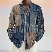 preiswerte Geometrische Muster-Herren Geometrisch Farbblock Denim-ähnlich Hemd Knopfhemd Langarm Modisch lässig Urlaub Täglich Frühling Herbst Umlegekragen 3D-Druck Leinenähnliches Hemd Blau+Khaki Blau Dunkelblau Hellblau