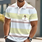 preiswerte Hawaii-Poloshirt für Herren-Herren Horizontale Streifen Palme Polo Kurzarm Polo-Shirts Hemden mit Kragen Lässig Resort Athleisure Alltagskleidung Urlaubskleidung Tasche 3D-Druck Knöpfe Sommer Gelb Rosa Blau
