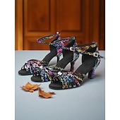 cheap Latin Shoes-Women&#039;s Professional Satin Dance Sandals with Rainbow Cracked Design and Adjustable Ankle Strap for Ballroom and Latin Dance