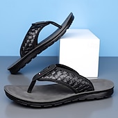billige Ferietøfler-herrebrune flip-flops i kunstskinn med vevd mønsterrem, myk EVA-såle, komfortabel for feriested og hverdagslige sommerantrekk