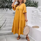 cheap Plain Dress-Women&#039;s Maxi Dress A Line Dress Vacation Casual Beach Daily Holiday Date Plain Half Sleeve V Neck Navy Black Ivory Yellow Summer