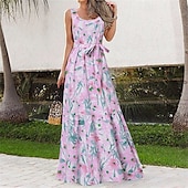 abordables Robes Floraux Imprimés-Femmes Robe Longue Maxi Robe Robe Décontractée Robe évasée Robe d&#039;été Robe Nuisette Élégant Mode Moderne Quotidien Plage Week-end Coupe régulière Fleur Sans manches Col ras du cou Noir Blanche Rose