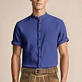 cheap Shirts-Men&#039;s Oktoberfest Shirt Lederhosen Shirt Band Collar Linen Shirt 100% Cotton Beer Costume Short Sleeves Bavarian German Alpine Wiesn Party Beer Carnival Festival Traditional Style Cloth