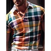 cheap Men's Geometric Polo-Men's Plaid Polo Shirts Golf Shirt Short Sleeve Polo Shirts Collared Shirts Casual Vacation Wear Formal Wear Festival Wear Buttons 3D Print Yellow Red Green
