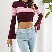 preiswerte Grafische Muster und Details-Damen Pullover Lässig Farbblock Grobstrick Rundhalsausschnitt Gestrickt Langarm Crop Tops Stricken Täglich Ferien Ausgehen Wein Armeegrün Herbst Winter