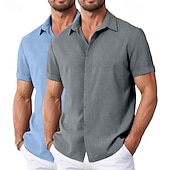 preiswerte Klassiker-Herren Hemd Leinenhemd Sommerhemd Freizeithemd Strandhemd Knopfhemd Einfach Urlaub Lässig Weiss + Rosa Weiß + Grün Khaki + Schwarz Grün+Khaki Kurzarm Kragen Sommer Bekleidung Rein