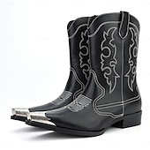 cheap Cowboy &amp; Western Boots-Men&#039;s Black Leather Western Boots with Silver Toe Cap and Decorative Stitching – Stylish Cowboy Boots for Rodeos, Country Events &amp; Casual Wear