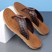 billige Ferietøfler-herrebrune flip-flops i kunstskinn med vevd mønsterrem, myk EVA-såle, komfortabel for feriested og hverdagslige sommerantrekk