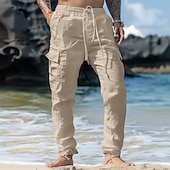 baratos Feriado-Homens Calças Cargo Calças de linho Calças Calça verão Cintura elástica Com Cordão Bolso multi Tecido Conforto Respirável Comprimento total Casual Diário Feriado Férias Moda Preto Branco Sem