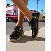 abordables Années 1950-Chaussures richelieu en cuir verni crème pour femme – Chaussures plates vintage à double boucle pour un usage quotidien ou des tenues d&#039;inspiration rétro
