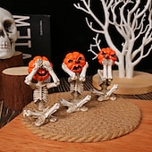 cheap Halloween Hanging &amp; Tabletop Decorations-3pcs/set Halloween Pumpkin Head Skull Resin Figurine, Spooky Home Decor, Horror Doll Scene Prop