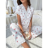  Dame Pyjamas Sett Fritid Komfort Kirsebær Elastisk midje Skjorte Bukse Hjem Daglig Kortermet V-hals Hvit Sommer Vår Høst Normal