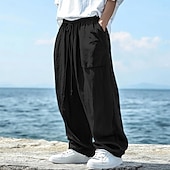 economico Vacanza-Per uomo Pantaloni di Lino Pantaloni Pantaloni Estivi Elastico in vita Coulisse Gamba Dritta Semplice Comodità Traspirante Lunghezza intera All&#039;aperto Casuale Quotidiano Moda Stile Classico Nero Blu