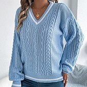 preiswerte Einfarbige Farben-Damen Pullover Lässig Farbblock Gerippt V Ausschnitt Patchwork Gestrickt Langarm Normale Oberteile Stricken Täglich Ferien Ausgehen Weiß Blau Herbst