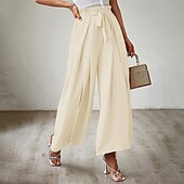 baratos perna larga e cintura alta-Mulheres Perna larga Calças Roupa de rua Casual Comprimento total Natural Tecido Bolsos Com Cordão Design de cordão elástico Exterior Confortável Final de semana Streetwear Magenta Camelo Adamascado