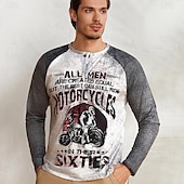 billiga Vintage &amp;amp; Retro-Herr T-shirt Henleytröja Grafiska tryck Motorcyklar Henley Gul Blå Kaki Grå Utomhus Ledigt Långärmad Button-Down Mönster Kläder Stylish Lättvikt Vintage Andningsfunktion