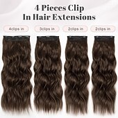 abordables Clip dans les extensions-Extensions de cheveux à clips pour femmes, cheveux longs ondulés, brun chocolat et brun foncé, 4 pièces, 24 pouces, synthétiques, doux et naturels, épais