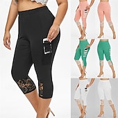 halpa Tavalliset leggingsit-Naisten Leggingsit Anti-hankaus shortsit Muoti Katutyyli Vasikka-Length Korka vyötärö Yhtenäinen väri Pitsi Joustava vyötärö Hengittävä Mukava Elastinen Arki-asut Viikonloppu Musta Valkoinen