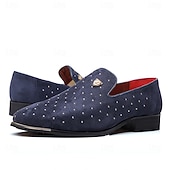 abordables Mocasines-Zapatos sin cordones de ante azul marino para hombre con detalles tachonados y detalles dorados: zapatos sin cordones de lujo para fiestas nocturnas, bodas y reuniones formales.