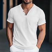 preiswerte Lässiges Henley-T-Shirt-Herren Henley Hemd T-Shirt Kurzarm Einfarbig Einfach Mode Designer Basic Knöpfe V Ausschnitt Urlaub Straße Lässig Sommer Dunkelgrau Weiß Blau Henley T-Shirt