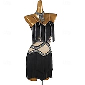 abordables Tenues de danse latine-Danse Latine Robe Strass Gland Épissage Femmes Performance Entraînement Sans manches Chinlon Maille Spandex