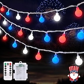 cheap Battery String Lights-1 Pc 33FT-100 LED Patriotic String Lights July 4th Independence Day Red Blue White Ball Decorative LED String Patriotic Gathering Party Atmosphere 8 Function Remote Control Waterproof Battery Box