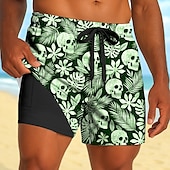 billiga Tropiska växter och blommor-Herr Tropiska växter Dödskalle Blommor Fodrade shorts 2 i 1 simshorts Badshorts Medium Midja Hawaiisk Strandsemester Sidfickor Med kompressionsfoder Elastisk dragsko i midjan Designer Kläder