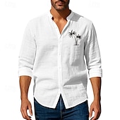 preiswerte Straße-Herren Hemd Leinenhemd Freizeithemd Knopfhemd Baumwollhemd Kokospalme Urlaub Hawaiianisch Schwarz Weiß Khaki Grau Langarm Stehkragen Sommer Frühling Bekleidung Druck