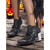 olcso Bokacsizma-női 1980-as évekbeli fekete gótikus bokacsizma koponyacsattal és szegecsekkel, vastag sarkú punk bokacsizma halloweeni buliba és esti kiruccanásokra