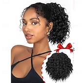 abordables Queue-de-cheval-Extension de queue de cheval 8 pouces courte ondulée bouclée queue de cheval cordon queue de cheval pour femmes noires queues de cheval noir de jais extensions de cheveux postiche synthétique pour un