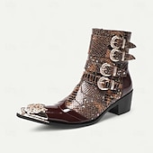 abordables Botas de cuero de primera calidad-Botas de tobillo de cuero con patrón de cocodrilo marrón para hombres con hebillas de punta dorada calzado de inspiración occidental de moda para uso casual y al aire libre