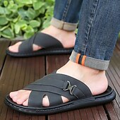 cheap Vacation Sandals-Men&#039;s Tan Faux Leather Slide Sandals Cross-Strap Open-Toe Design with Arch Support Great for Casual Summer Home and Street Style