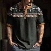 Men's Geometric Ethnic T Shirt Henley Shirt Short Sleeve Designer Retro Vintage Casual Street Casual Daily Summer Spring Black Henley Henley T-Shirt3