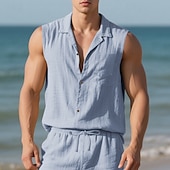 cheap Vacation-Men&#039;s Shirt Linen Shirt Casual Shirt Button Up Shirt Cotton Shirt Plain Vacation Street Black White Yellow Navy Blue Sleeveless Turndown Summer Clothing Apparel Buttons