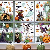 preiswerte Halloween Aufkleber-9 Bögen Halloween-Fensteraufkleber, doppelseitig, Sensenmann, Hexe, Fledermaus, Spinnennetz-Silhouette, statische Aufkleber für Glas, Fenster, Wand, Party-Dekor