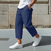baratos Retrô-Homens Calças de linho Calças Calça verão Calças largas Calças Cropped Cintura elástica Com Cordão Côr Sólida Tecido Conforto Respirável Mimolet Casual Diário Feriado Férias Moda Preto Branco Sem