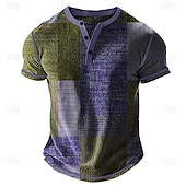 billige Geometrisk-Herre Geometrisk Lapper Henly-skjorte Vaffel T-skjorte Kortermet Daglig Retro / vintage Klassisk Sport &amp; Utendørs Avslappet Ferie Vår sommer Blå Grønn Lilla Brun Grå Henley Henley T-skjorte