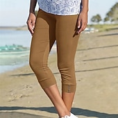 cheap Plain Leggings-Women&#039;s Capri Pants Leggings Casual Athleisure Calf-Length High Waist Plain Elastic Waist Breathability Stretchy Vacation Street Daily Wear Wine Depression Green Black Pink Summer Spring Regular Fit