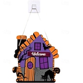 Недорогие Хэллоуинские венки и цветочные украшения-Деревянная вешалка на дверь с надписью «Добро пожаловать на Хэллоуин», фиолетовая вывеска с изображением дома с привидениями и кошки, жуткий венок на входную дверь для декора на Хэллоуин