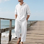 cheap Men&#039;s Tee Sets-Men&#039;s T-shirt Suits Shirt and Pant Sets 2 Pieces Outfits Long Sleeve Hooded Summer Spring Solid Color Fashion Casual Buttons 2 Piece Vacation Daily Wear Going out Black White Yellow Top Tee for Men