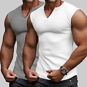 voordelige Sportschool tanktops-Voor heren Wafel Tanktop Singlet Hesje Onderhemd Mouwloos V-hals Zomer Effen Modieus Sportief Klassiek 2-stuks Standaard Straat Casual Sport Geel + blauw White + White Grey+Wit Top T-shirt voor mannen