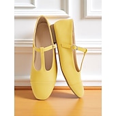 baratos Sapatilhas de mulher-sapatilhas femininas amarelas com tiras em T, mary janes vintage com bico redondo para encontros casuais e uso diário