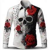 cheap 3D Pattern-Men&#039;s Skull Romantic Rose Shirt Button Up Shirt Long Sleeve Gothic Style Holiday Streetwear Summer Spring Turndown 3D Print Collared Shirts Black White