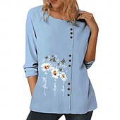 abordables Chemises-Chemisier femme coton lin fleuri élégant mode moderne manches longues col ras du cou régulier hauts quotidien sortie week-end blanc bleu bleu foncé automne
